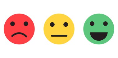 Mutlu, tarafsız ve mutsuz yüz simgeleriyle damgala. Beyaz arkaplanda düz vektör illüstrasyonu.