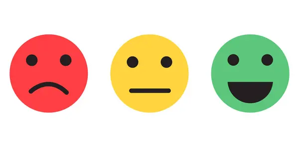 Mutlu, tarafsız ve mutsuz yüz simgeleriyle damgala. Beyaz arkaplanda düz vektör illüstrasyonu.