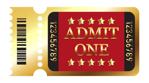Vektör altın bilet şablonu. Bir altın yıldız kabul et. Kumarhane, tiyatro, sinema, konser, oyun, parti, etkinlik, festival altın ve kırmızı klasik bilet. Vektör illüstrasyonu.