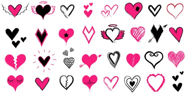 Farklı şekillerde pembe ve siyah emo kalp simgeleri. Tatil vektör kalpleri. El çizimi grunge kalp aşk sembolleri beyaz arka planda izole.