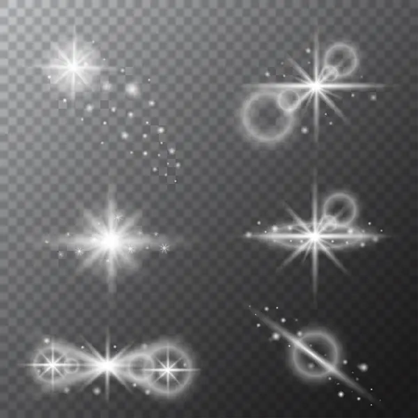 Gümüş parıltılı ışıklar ve parıltılar. Parlayan yıldız ve parlak mercekli kıvılcımlar şeffaf arkaplan üzerinde yanar.