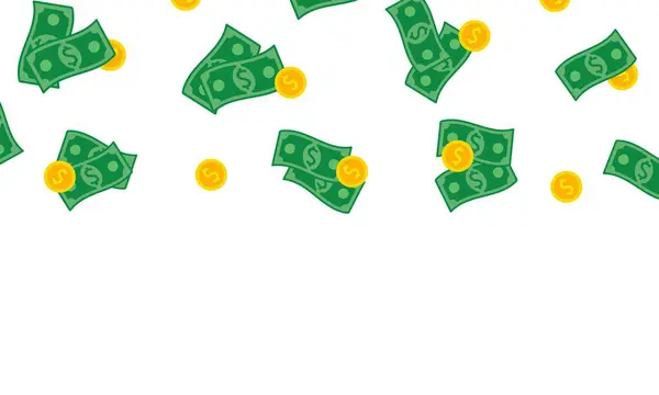 Düşen para. Beyaz arka planda izole edilmiş altın sikkeler ve yeşil dolarlar. Kumarhane kârı ikramiyesi.