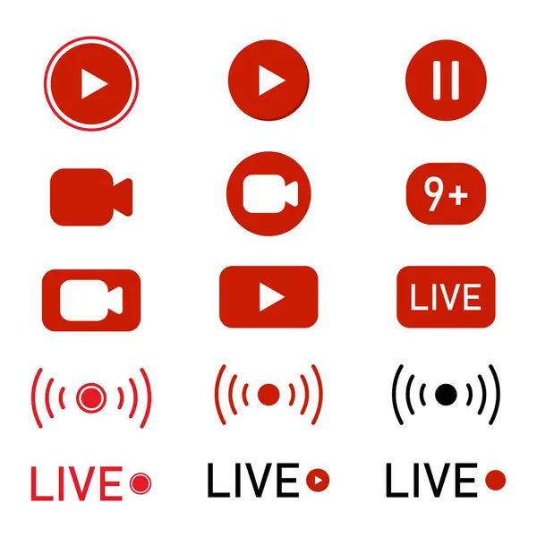 Beyaz arkaplanda izole edilmiş kırmızı çevrimiçi video yayın simgeleri kümesi.