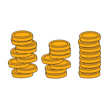 Altın para yığını beyaz arka planda izole edilmiş. Altın metal dolar, nakit. Finans bonusu, kâr, gelir, kazanç ve tasarrufların finansal konsepti. Düz vektör illüstrasyonu.