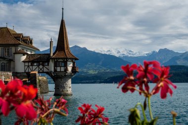 İsviçre, İsviçre 'deki Thunersee Gölü' ndeki Oberhofen Kalesi. Schloss Oberhofen, İsviçre 'nin Bern Kantonu' ndaki Thun Thunersee Gölü 'nde. İsviçre Thun Gölü 'ndeki Oberhofen Kalesi.