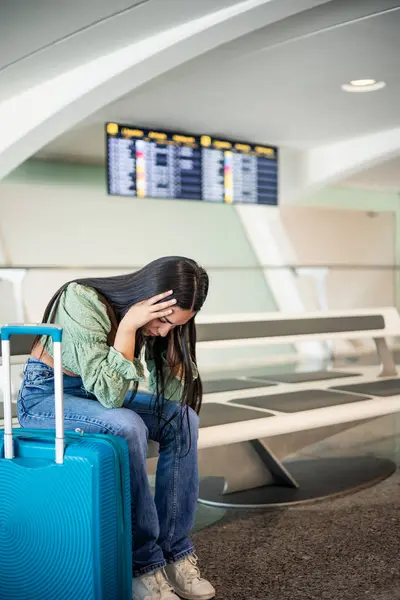 Vertical Portrait Desperate Stressed Latin Girl Airport Sitting Bench Her Stock Picture