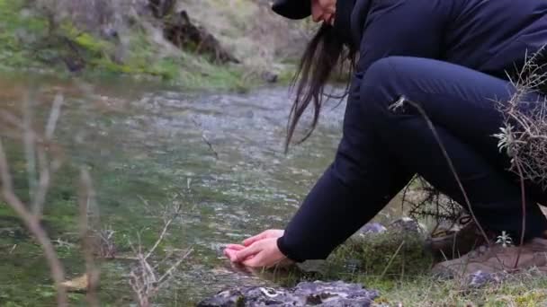 Genç Dişi Kaşif Kepli Bir Orman Nehrinin Kıyısına Çömelmiş Ellerinde — Stok video