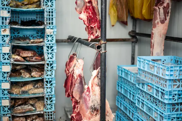 refrigerated cold storage room with several boxes of meat and beef hanging on hooks. The cold and orderly environment highlights the effectiveness of storing meat under optimal refrigeration conditions, ensuring freshness and quality of the meat prod