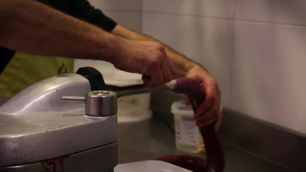 4K视频提供了屠夫用电动机器将香肠和肉混合在一起的特写镜头 它突出了香肠制作过程中的精确性和技巧 — 图库视频影像
