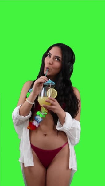 Vertical Cheerful Young Latin Girl Dressed Bikini Listening Music Headphones — Stock Video