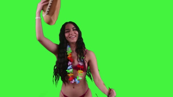 Joven Latina Bikini Preparándose Para Día Playa Poniéndose Gafas Sol — Vídeos de Stock