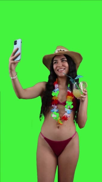 Vertical Latin Woman Bikini Capturing Joyful Moment Her Smartphone While — Stock Video