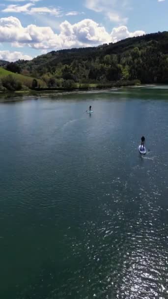 Vertical Drone Aérea Pareja Mujeres Latinas Bikinis Paddle Surf Río — Vídeo de stock