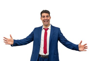 Bir iş adamı kollarını açarken mutluluğu ve hazzı ifade eder, dostça bir mutluluk ve dostluk sarılması için can atar. Profesyonel bir tavırla, şirket cazibesine sahip beyaz bir altyapısı var.
