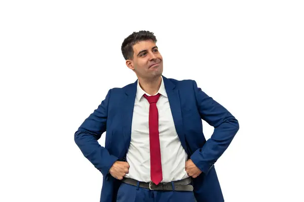 Başarılı bir iş adamının zaferi elleri kalçasında, memnuniyet ve zafer dolu bir gülümsemeyle yukarı bakmasıdır. Kendine güvenen bir tavırla, mutluluk ve gurur saçar.