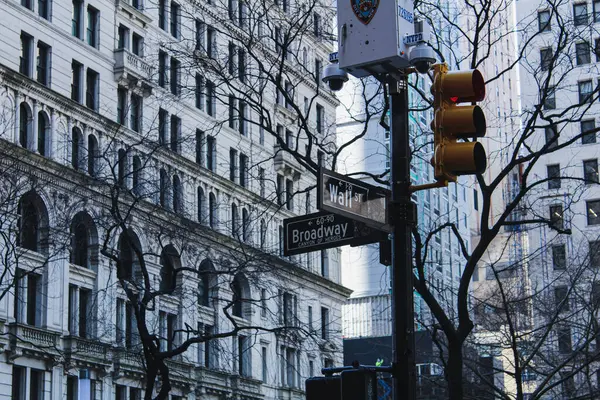 03 / 15 / 2022, New York, Manhattan, New York 'ta Wall Street ve Broadway kavşağındaki konik sokak işaretleri.
