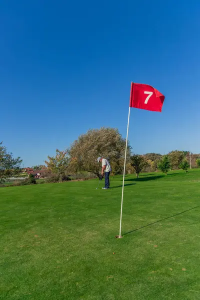 Dikey kıdemli golfçü topu yeşildeki bayrağa doğru itinayla atıyor. Görüntü golfçünün konsantrasyonunu ve başarılı bir vuruş için gereken hassasiyeti yakalar.