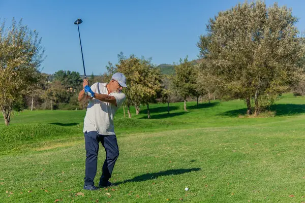 Copyspace yaşlı golfçüsü şapka takıyor ve güneş gözlüğü golf kulübündeki bir golf turnuvasında şoförle topa vuruyor.