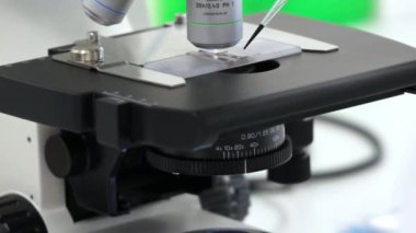 Yakın plan laboratuvar teknisyeni bilimsel örnekle mikroskop slaytı hazırlıyor. Tıbbi bilim ortamında detaylı araştırma ve analitik gözlem için örnekleri dikkatlice yerleştiriyor.