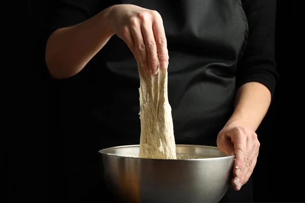 Woman Cook Stretches Yeast Dough Sourdough Bread — Stock Photo, Image