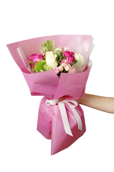 Festive Bouquet Roses Hand Elegant Greetings — Stock Photo, Image