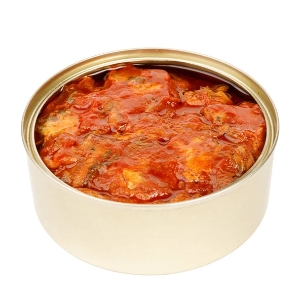 stock image Sprat in tomato sauce, canned fish on a white background.