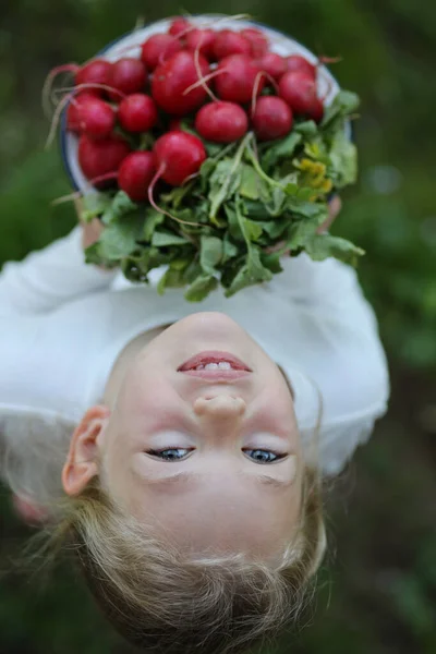 Felice Bambino Ridente Con Verdure Ravanello Giardino Fresco Sottosopra — Foto Stock