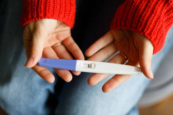 Negative Pregnancy Test One Strip Female Hands Close — Stock Photo, Image