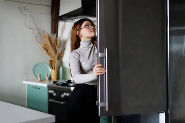 Hungry Young Woman Opened Refrigerator Chooses Food Eating Home — Stock Photo, Image