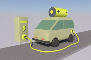 3D elektrikli araba ve şarj istasyonu, ekolojik ulaşım.