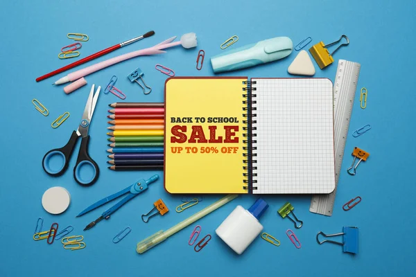 Back School Sale Stationery Set Blue Background Shop Promotion Advertising — Foto de Stock