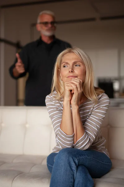 Family Quarrel Wife Listens Her Husband Woman Thinking Something — Stock Photo, Image
