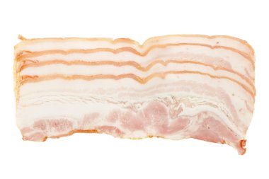 Slices of smoked pork bacon on a white background.