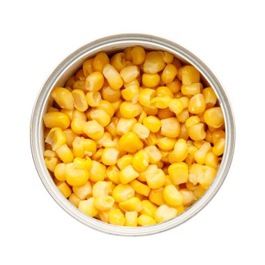 Canned corn close-up on a white background.
