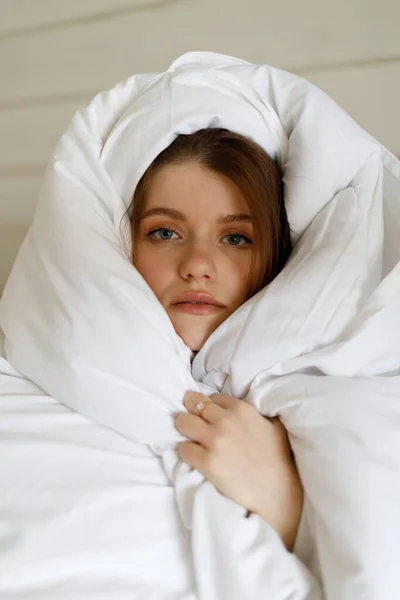 Cute Girl Wrap Herself Warm Blanket Bed Cold Fever — Stock Photo, Image