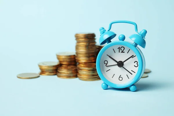Finance Investment Time Money Alarm Clock Golden Money Coins Pension — Fotografia de Stock
