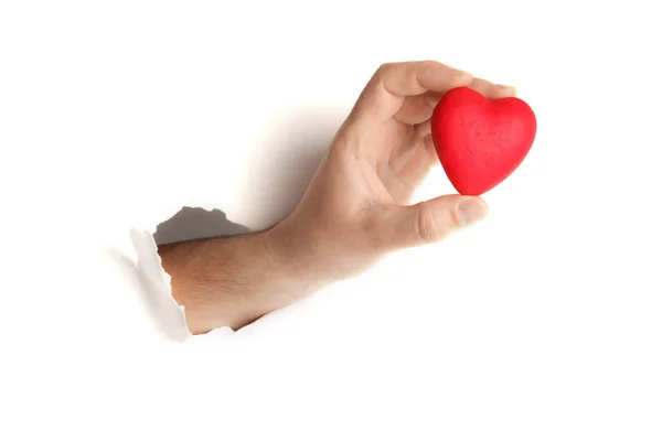 Coração Vermelho Mão Sobre Fundo Branco Símbolo Amor Romance — Fotografia de Stock