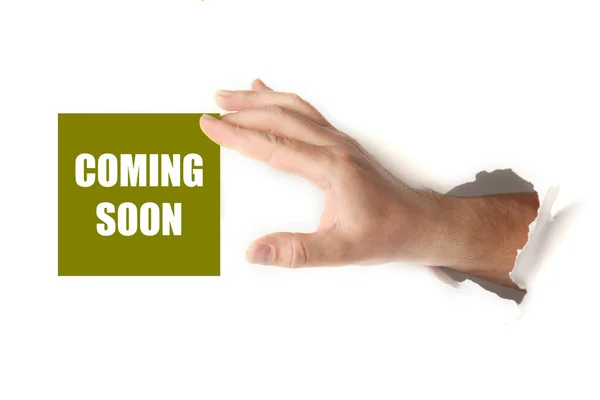 Hand Hold Paper Coming Soon Announcement Launch — Stockfoto