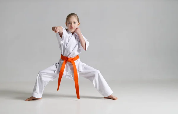 Karate Fighting Stance Child Kimono White Background — Stock Photo, Image