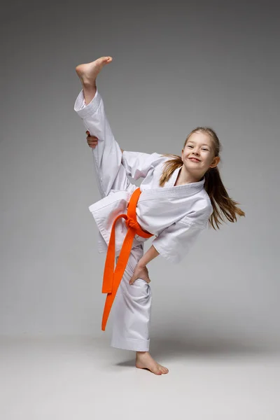 Cheerful Karate Training Little Girl Kimono White Background — Stock Photo, Image