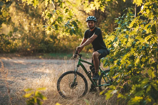 骑自行车的人在森林里 积极的生活方式 新鲜空气训练 — 图库照片