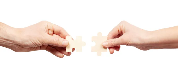 Business Cooperation Two Hands Connect Puzzle White Background Joint Problem — Stock Photo, Image