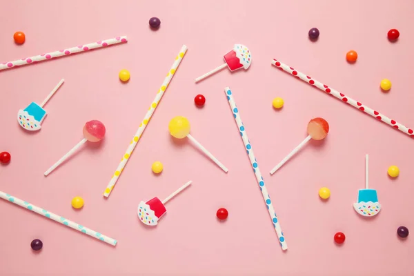 Children Birthday Pink Background Scattered Colorful Candies Balls Candles Straws — Stock Photo, Image