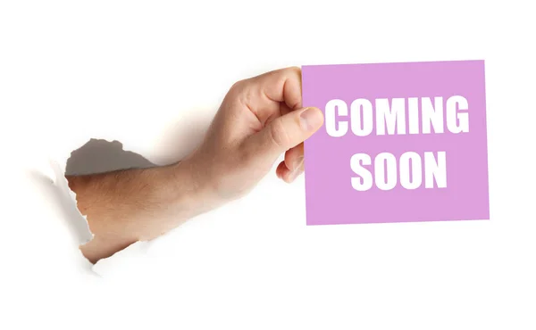 Hand Hold Paper Coming Soon Announcement Launch — Stockfoto