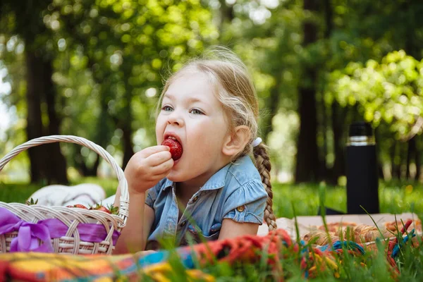 Niña Alegre Comiendo Fresas Picnic Parque Sentada Sobre Hierba Verde — Foto de Stock