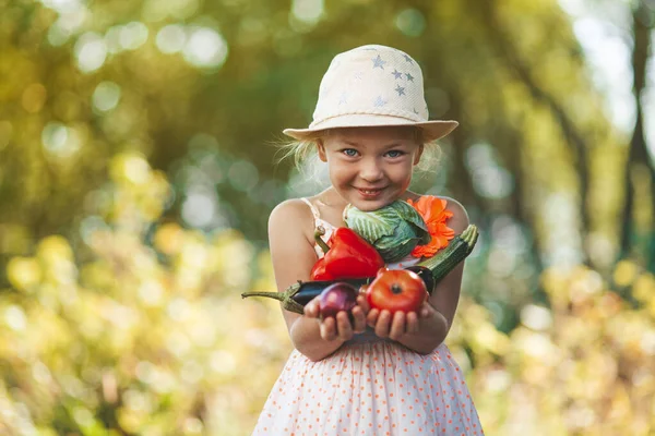 Симпатична Дівчина Тримає Овочі Саду Свіжі Сільські Продукти Руках — стокове фото