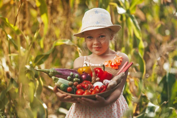 Una Graziosa Bambina Sorride Tiene Verdure Coltivate Giardino Cibo Naturale — Foto Stock