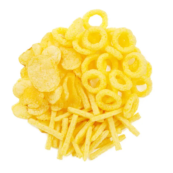 Gelbe Snacks Für Bier Mais Und Kartoffelchips Auf Weißem Hintergrund — Stockfoto