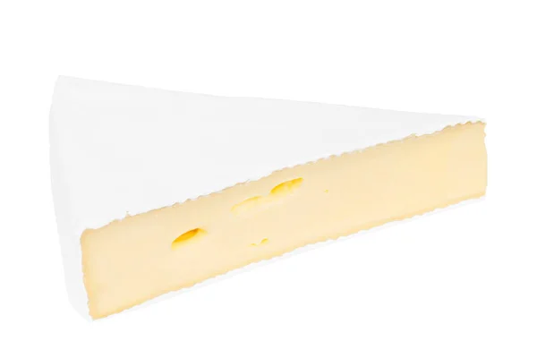 Pedaço Queijo Brie Forma Triângulo Sobre Fundo Branco — Fotografia de Stock