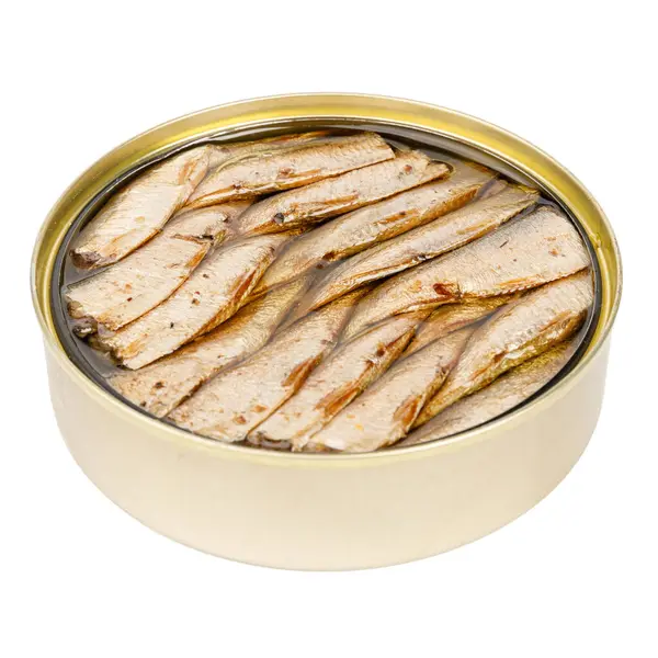 stock image Canned smoked sprat in oil, tin on a white background.